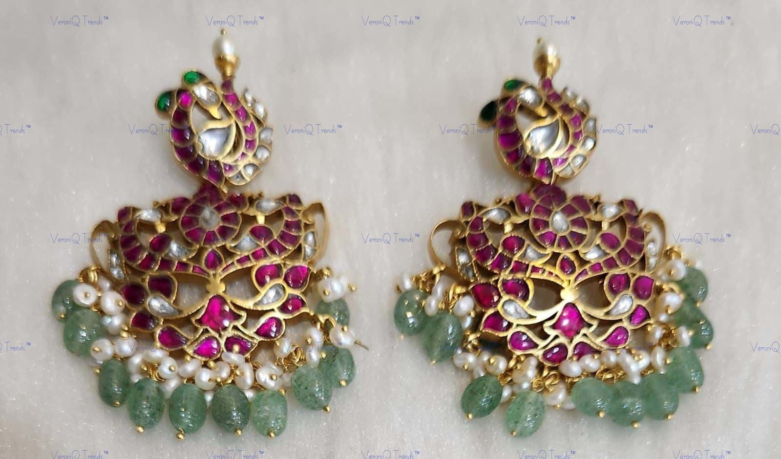 VeroniQ Trends-Ruby Pink Stone Silver Kundan Peacock Design Earrings 92.5 Silver-Gold Plated-Wedding Jewellery-Punjabi Jewellery-South Indian-Thappa Jewellery