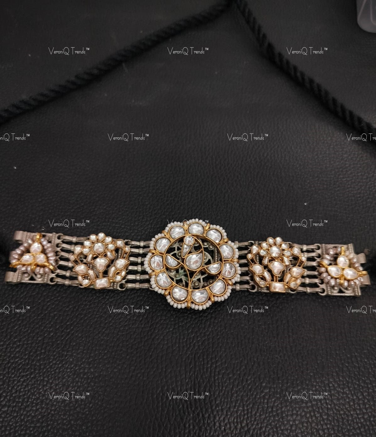 VeroniQ Trends-Victorian Floral Polki Silver Choker Necklace 92.5 Silver Moissanite Diamond Polki-Gold Plated-Wedding Jewellery-Punjabi Jewellery-South Indian-Thappa Jewellery