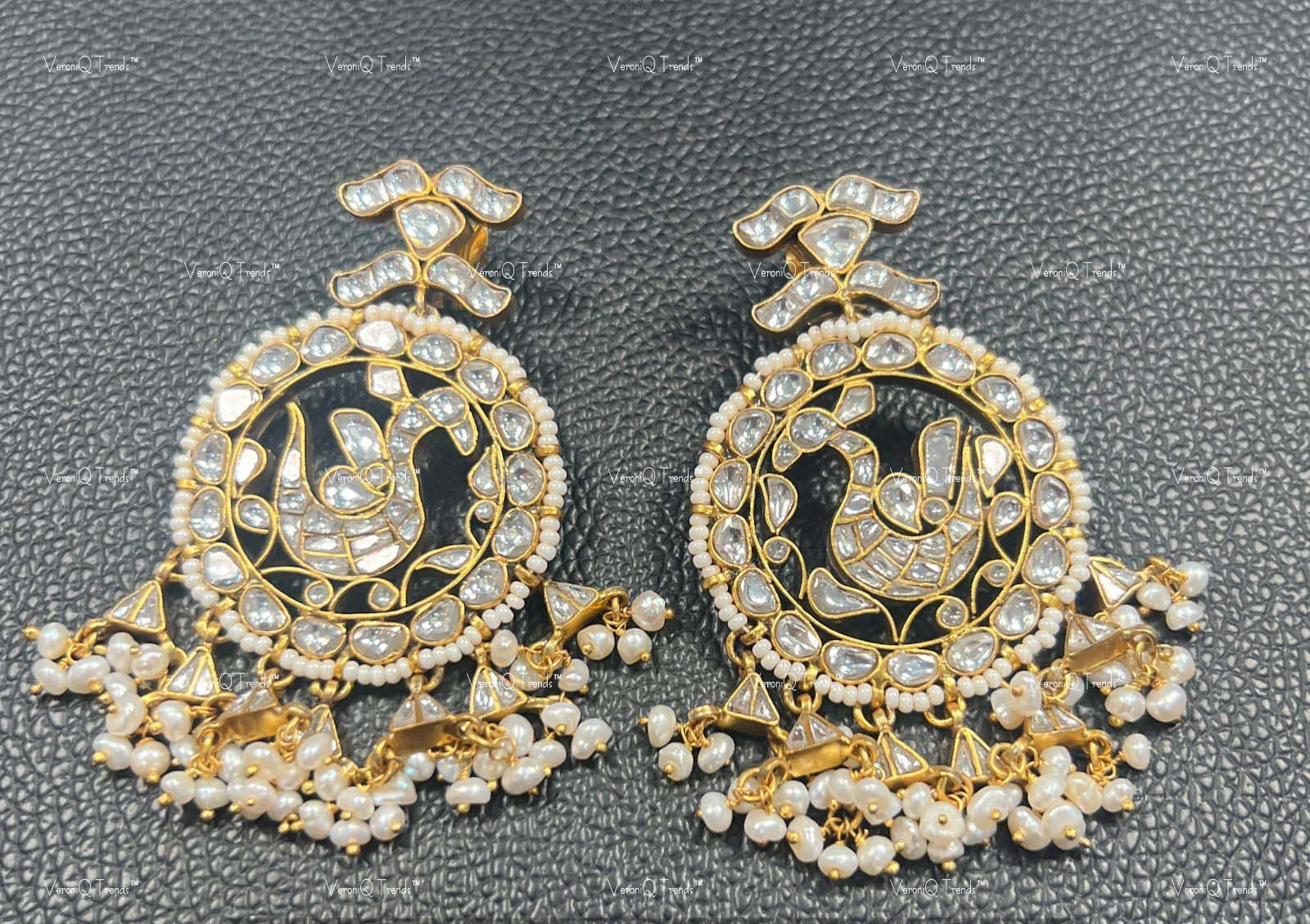 VeroniQ Trends- Peacock Design Silver Kundan Round Earrings 92.5 Silver-Gold Plated-Wedding Jewellery-Punjabi Jewellery-South Indian-Thappa Jewellery