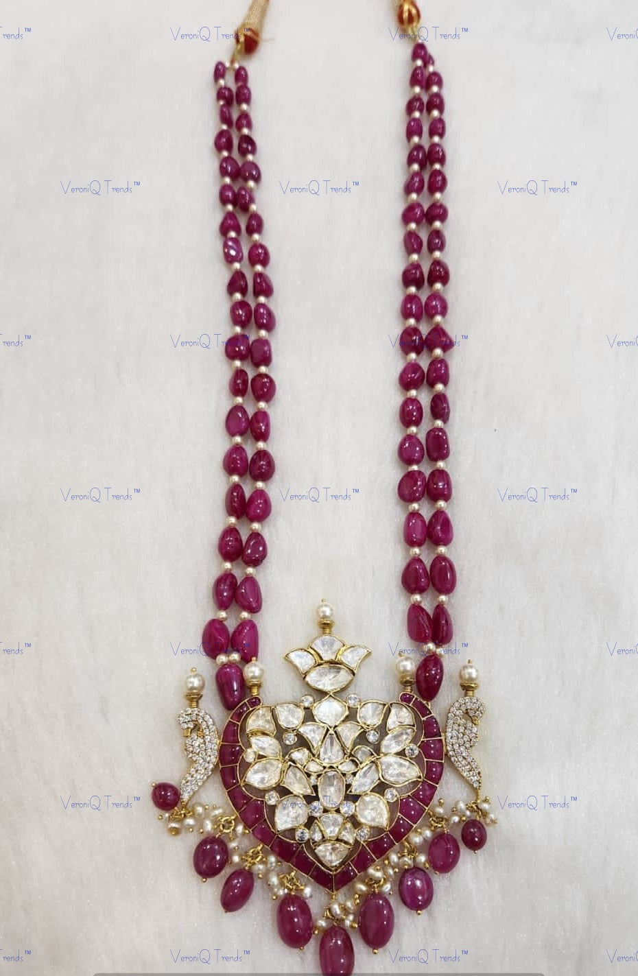 VeroniQ Trends-Elegant Victorian Ruby Beads Polki Silver Long Necklace With Peacock Motif 92.5 Silver Moissanite Diamond Polki-Gold Plated-Wedding Jewellery-Punjabi Jewellery-South Indian-Thappa Jewellery