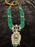 VeroniQ Trends-Victorian Multistrand Emerald Green Beads Emerald And Polki Silver Necklace With Peacock Motif 92.5 Silver Moissanite Diamond Polki-Emerald Stone-Gold Plated-Wedding Jewellery-Punjabi Jewellery-South Indian-Thappa Jewellery