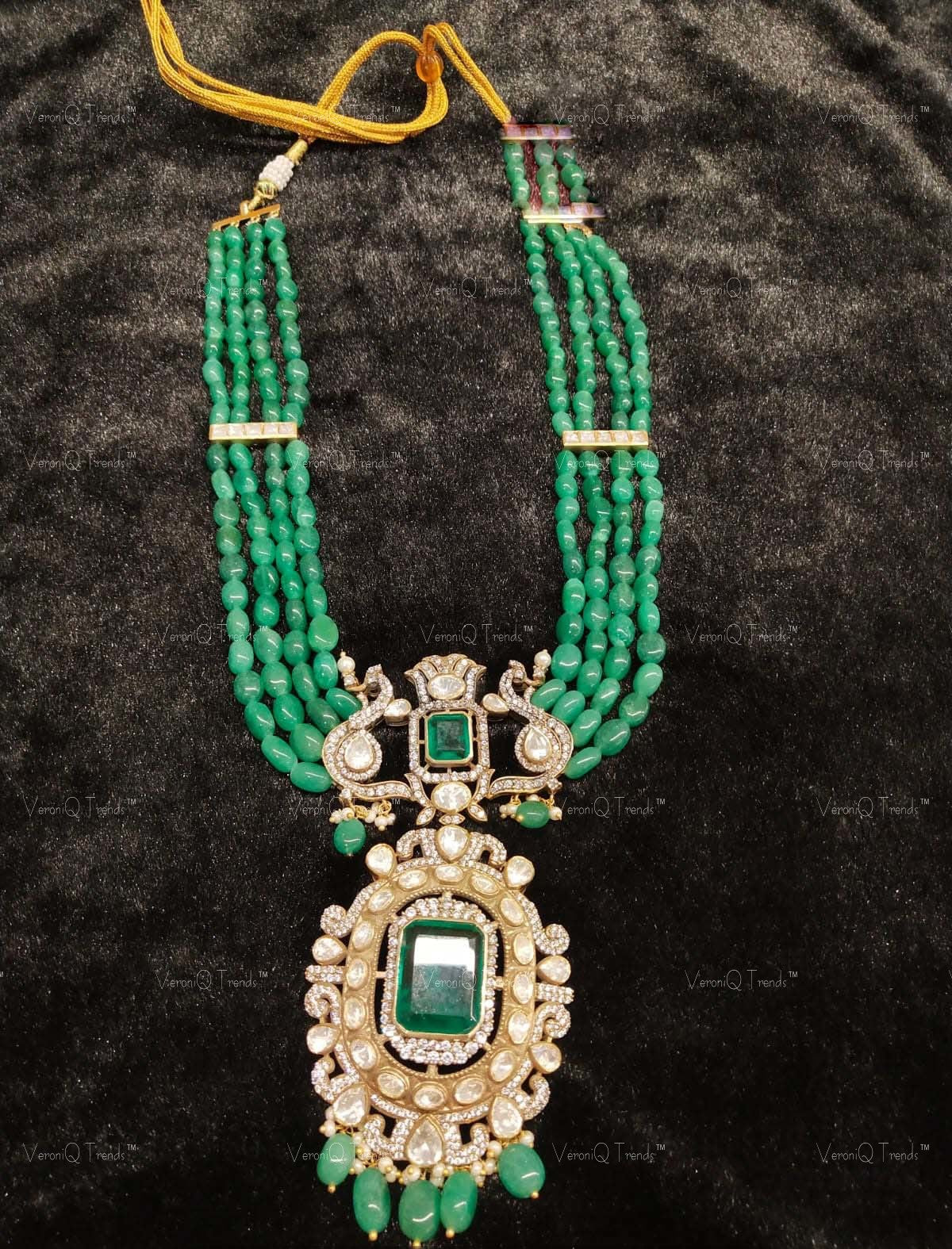 VeroniQ Trends-Victorian Multistrand Emerald Green Beads Emerald And Polki Silver Necklace With Peacock Motif 92.5 Silver Moissanite Diamond Polki-Emerald Stone-Gold Plated-Wedding Jewellery-Punjabi Jewellery-South Indian-Thappa Jewellery