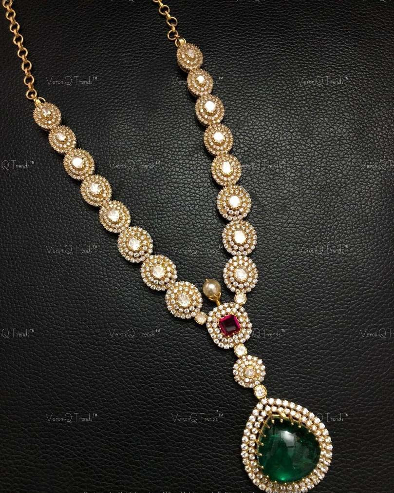 VeroniQ Trends- Victorian Emerald And Polki Long Necklace 92.5 Sliver Moissanite Diamond Polki-Emerald Stone-Gold Plated-Wedding Jewellery-Punjabi Jewellery-South Indian-Thappa Jewellery