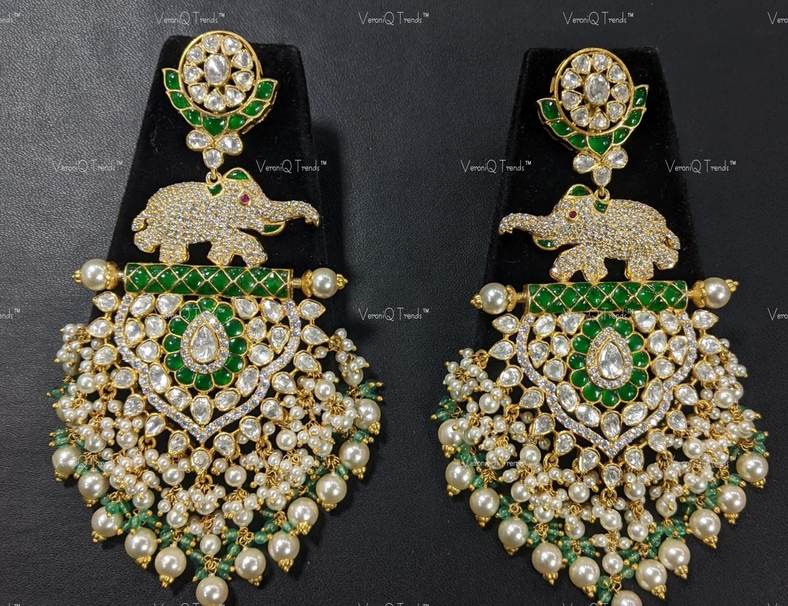 VeroniQ Trends-Traditional Victorian Elephant Motif Emerald And Polki Silver Earrings 92.5 Silver Moissanite Diamond Polki-Gold Plated-Wedding Jewellery-Punjabi Jewellery-South Indian-Thappa Jewellery