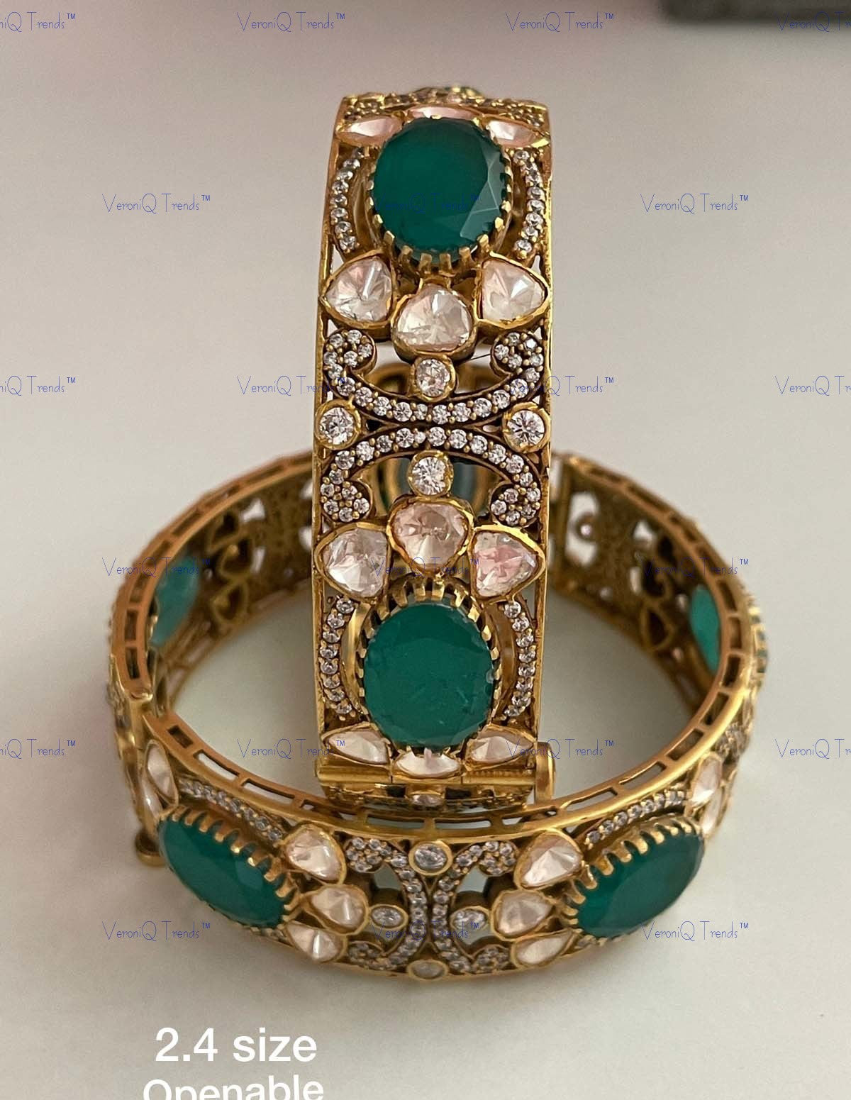 VeroniQ Trends-Victorian South Indian Emerald And Polki Openable Silver Bangles 92.5 Silver Moissanite Diamond Polki-Emerald Stone-Gold Plated-Wedding Jewellery-Punjabi Jewellery-South Indian-Thappa Jewellery