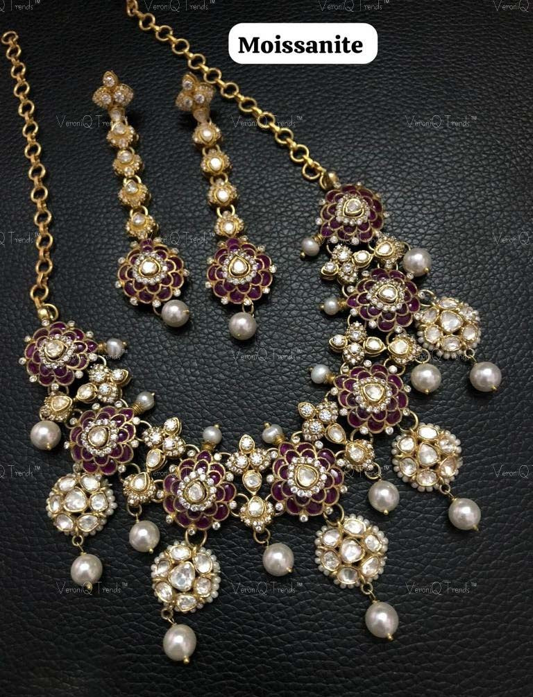 VeroniQ Trends- Victorian Ruby and Polki Necklace 92.5 Sliver Moissanite Diamond Polki-Ruby Stone-Fresh Water Pearl-Gold Plated-Wedding Jewellery-Punjabi Jewellery-South Indian-Thappa Jewellery