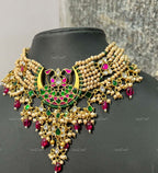 VeroniQ Trends-Golden Beads Kemp Stone Sliver Kundan Necklace 92.5 Sliver-Kemp Stone-Gold Plated-Wedding Jewelry-Punjabi Jewelry-South Indian-Thappa Jewelry
