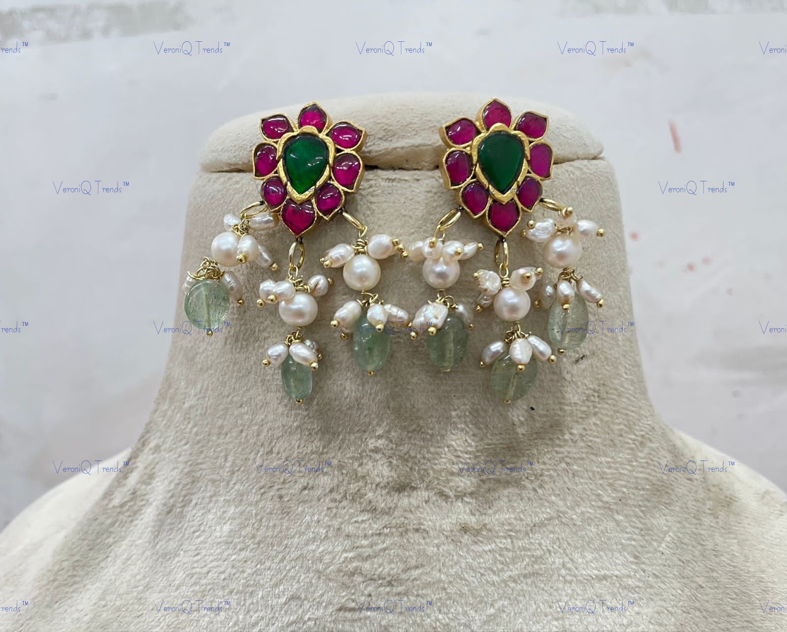 VeroniQ Trends-Multistrand Pearl and Kemp Stone Sliver Kundan Necklace with Elephant Pendant-Fresh Water Pearl-Gold Plated-Wedding Jewellery-Punjabi Jewellery-South Indian-Thappa Jewellery
