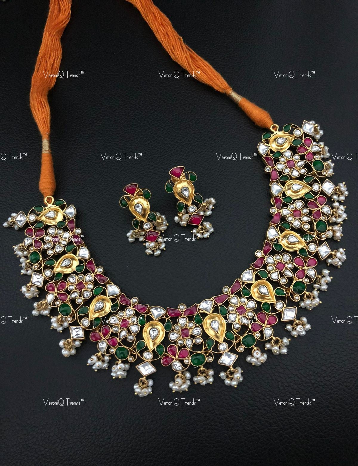 VeroniQ Trends-Green-Ruby Pink Stone and Kundan Jadau Sliver Necklace 92.5 Sliver-Gold Plated-Wedding Jewellery-Punjabi Jewellery-South Indian-Thappa Jewellery