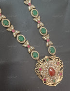 VeroniQ Trends- Victorian Multi Stone Long Polki Necklace 92.5 Sliver Moissanite Diamond Polki-Emerald Stone-Ruby Stone-Gold Plated-Wedding Jewelry-Punjabi Jewelry-South Indian-Thappa Jewelry