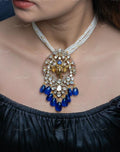 VeroniQ Trends- Victorian Multistrand Pearl and Sapphire Beads Polki Choker Necklace with Ganesh Pendant 92.5 Sliver Moissanite Diamond Polki-Fresh Water Pearl-Gold Plated-Wedding Jewellery-Punjabi Jewellery-South Indian-Thappa Jewellery