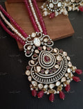 VeroniQ Trends- Victorian Multistrand Pearl and Ruby Pink Beads Mala with Polki Pendant 92.5 Sliver Moissanite Diamond Polki-Fresh Water Pearl-Ruby Pink Beads-Gold Plated-Wedding Jewellery-Punjabi Jewellery-South Indian-Thappa Jewellery