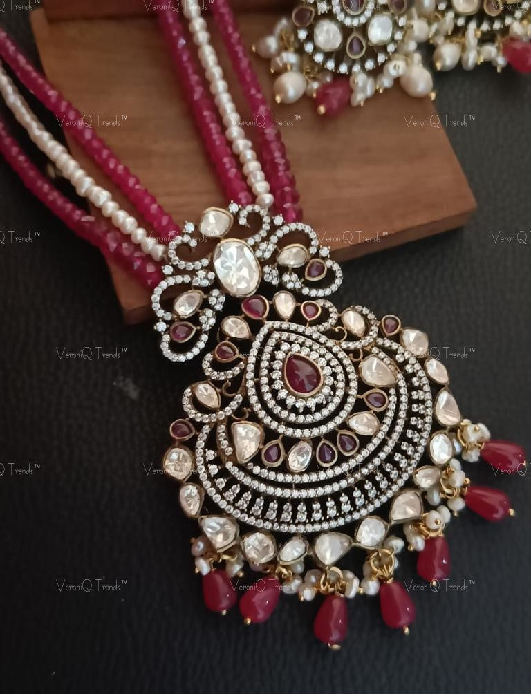 VeroniQ Trends- Victorian Multistrand Pearl and Ruby Pink Beads Mala with Polki Pendant 92.5 Sliver Moissanite Diamond Polki-Fresh Water Pearl-Ruby Pink Beads-Gold Plated-Wedding Jewellery-Punjabi Jewellery-South Indian-Thappa Jewellery