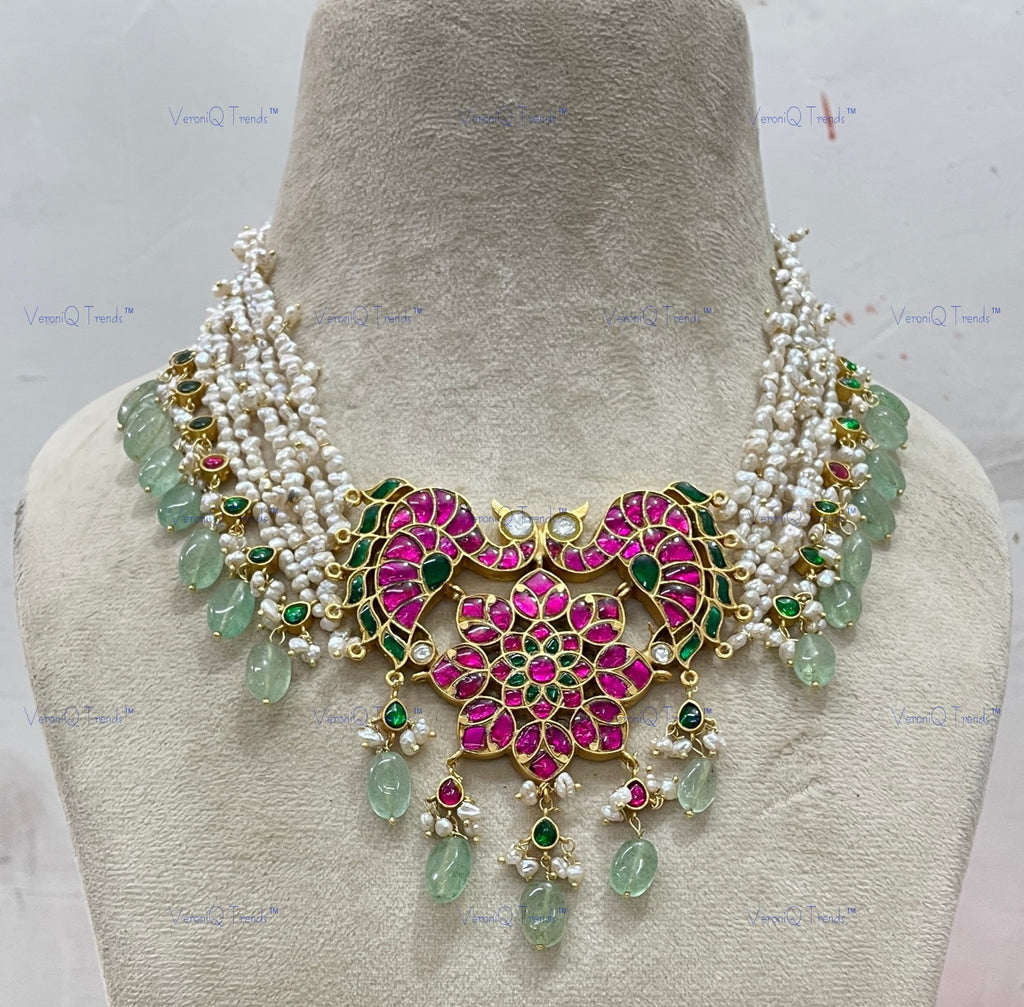 VeroniQ Trends-Multistrand Pearl and Kemp Stone Sliver Kundan Necklace with Elephant Pendant-Fresh Water Pearl-Gold Plated-Wedding Jewellery-Punjabi Jewellery-South Indian-Thappa Jewellery