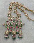 VeroniQ Trends-South Indian Green-Ruby Pink Stone Sliver Kundan Long Necklace With Peacock Motif 92.5 Sliver-Gold Plated-Wedding Jewellery-Punjabi Jewellery-South Indian-Thappa Jewellery