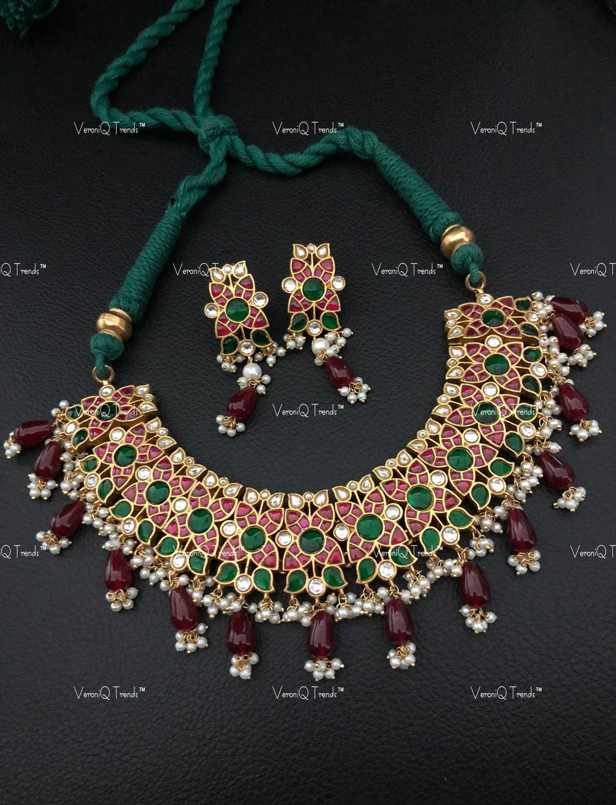 VeroniQ Trends-South Indian Jadau Ruby Pink Stone Sliver Kundan Necklace Motif 92.5 Sliver-Gold Plated-Wedding Jewellery-Punjabi Jewellery-South Indian-Thappa Jewellery