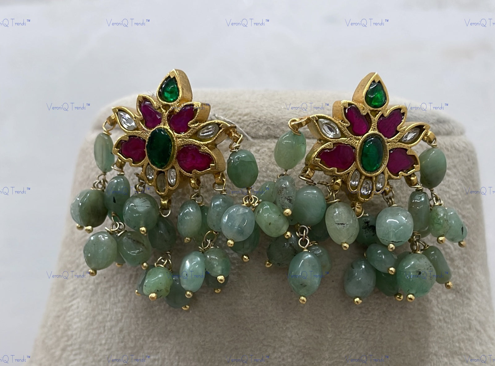 VeroniQ Trends-Green Beads Kemp Stone Silver Kundan Earrings 92.5 Silver-Gold Plated-Wedding Jewellery-Punjabi Jewellery-South Indian-Thappa Jewellery