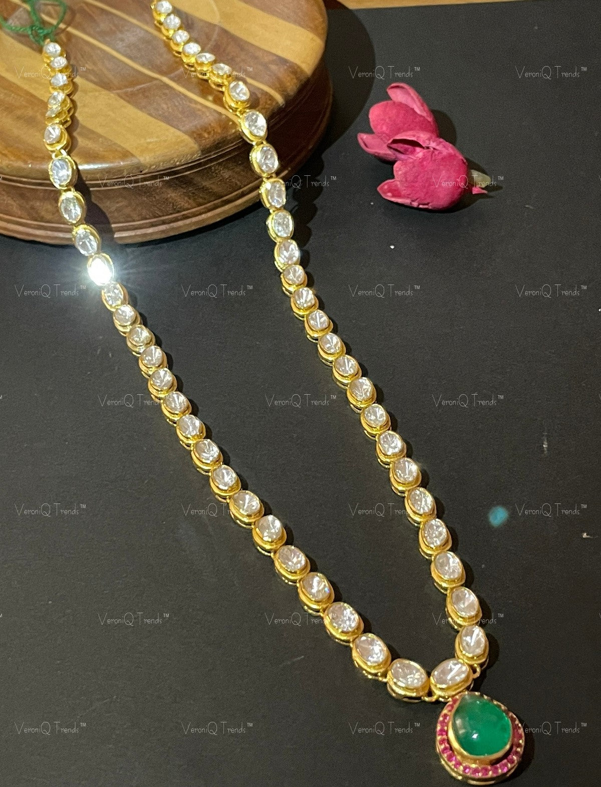 VeroniQ Trends-Victorian Single Line Ruby Emerald And Polki Silver Necklace 92.5 Silver Moissanite Diamond Polki-Emerald Stone-Ruby Stone-Gold Plated-Wedding Jewellery-Punjabi Jewellery-South Indian-Thappa Jewellery
