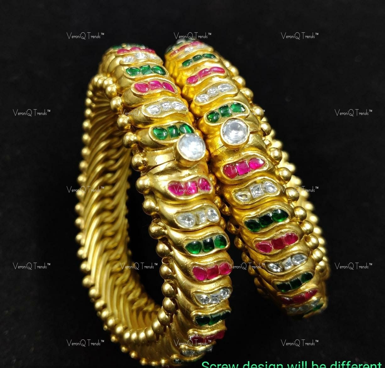 VeroniQ Trends-Sutarla Kundan Pink Green Handcrafted Gold Plated Pure Silver Bangle 92.5 Silver-Gold Plated-Wedding Jewellery-Punjabi Jewellery-South Indian-Thappa Jewellery