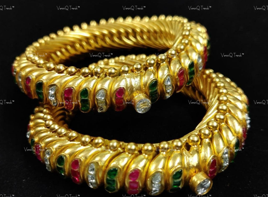 VeroniQ Trends-Sutarla Kundan Pink Green Handcrafted Gold Plated Pure Silver Bangle 92.5 Silver-Gold Plated-Wedding Jewellery-Punjabi Jewellery-South Indian-Thappa Jewellery