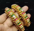 VeroniQ Trends-Sutarla Kundan Pink Green Handcrafted Gold Plated Pure Silver Bangle 92.5 Silver-Gold Plated-Wedding Jewelry-Punjabi Jewelry-South Indian-Thappa Jewelry