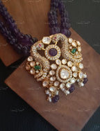 VeroniQ Trends- Victorian Sapphire Beads and Polki Necklace with Peacock Motif 92.5 Sliver Moissanite Diamond Polki-Sapphire Stone-Gold Plated-Wedding Jewelry-Punjabi Jewelry-South Indian-Thappa Jewelry