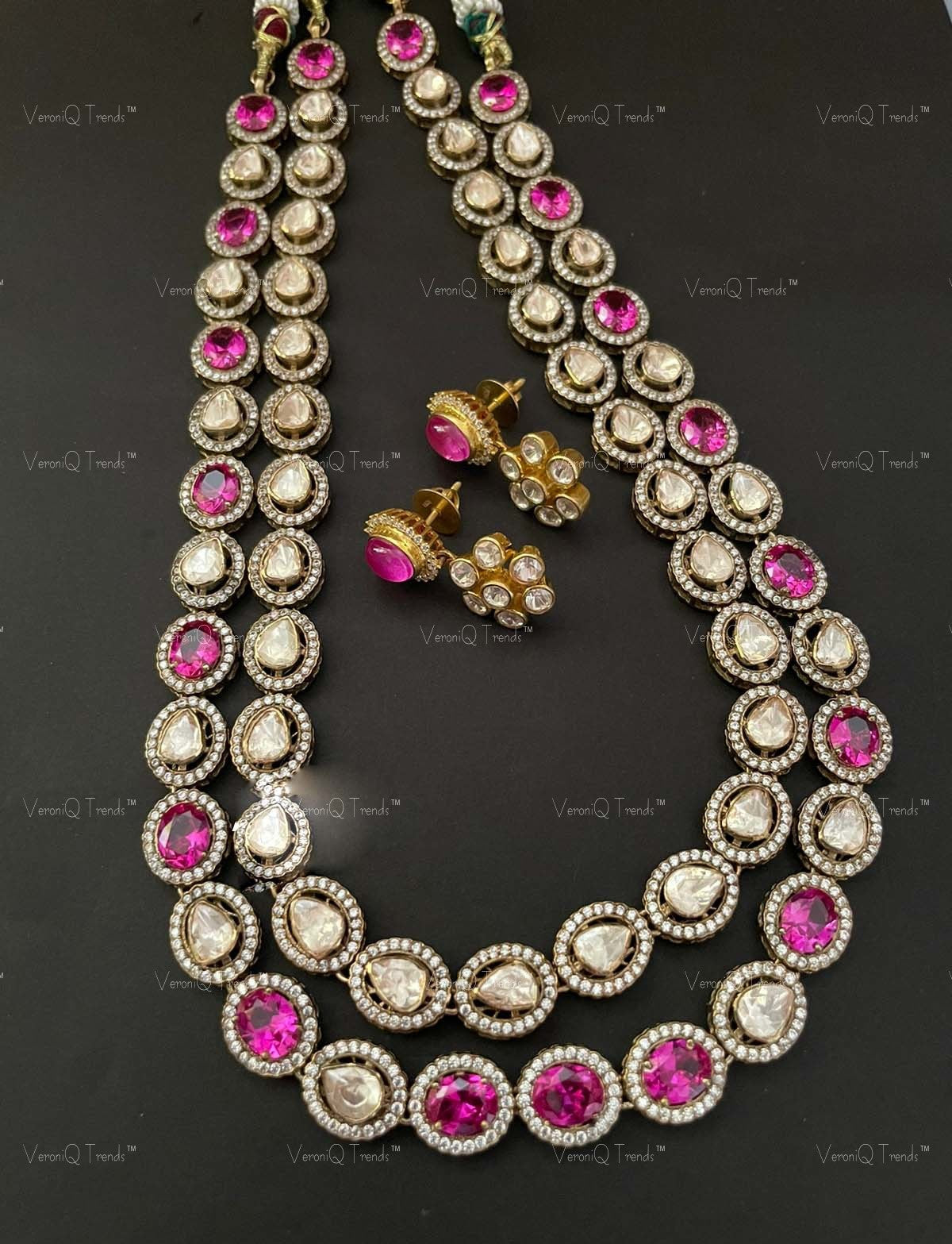VeroniQ Trends-Victorian Double Line Ruby And Polki Silver Long Necklace 92.5 Silver Moissanite Diamond Polki-Ruby Stone-Gold Plated-Wedding Jewellery-Punjabi Jewellery-South Indian-Thappa Jewellery