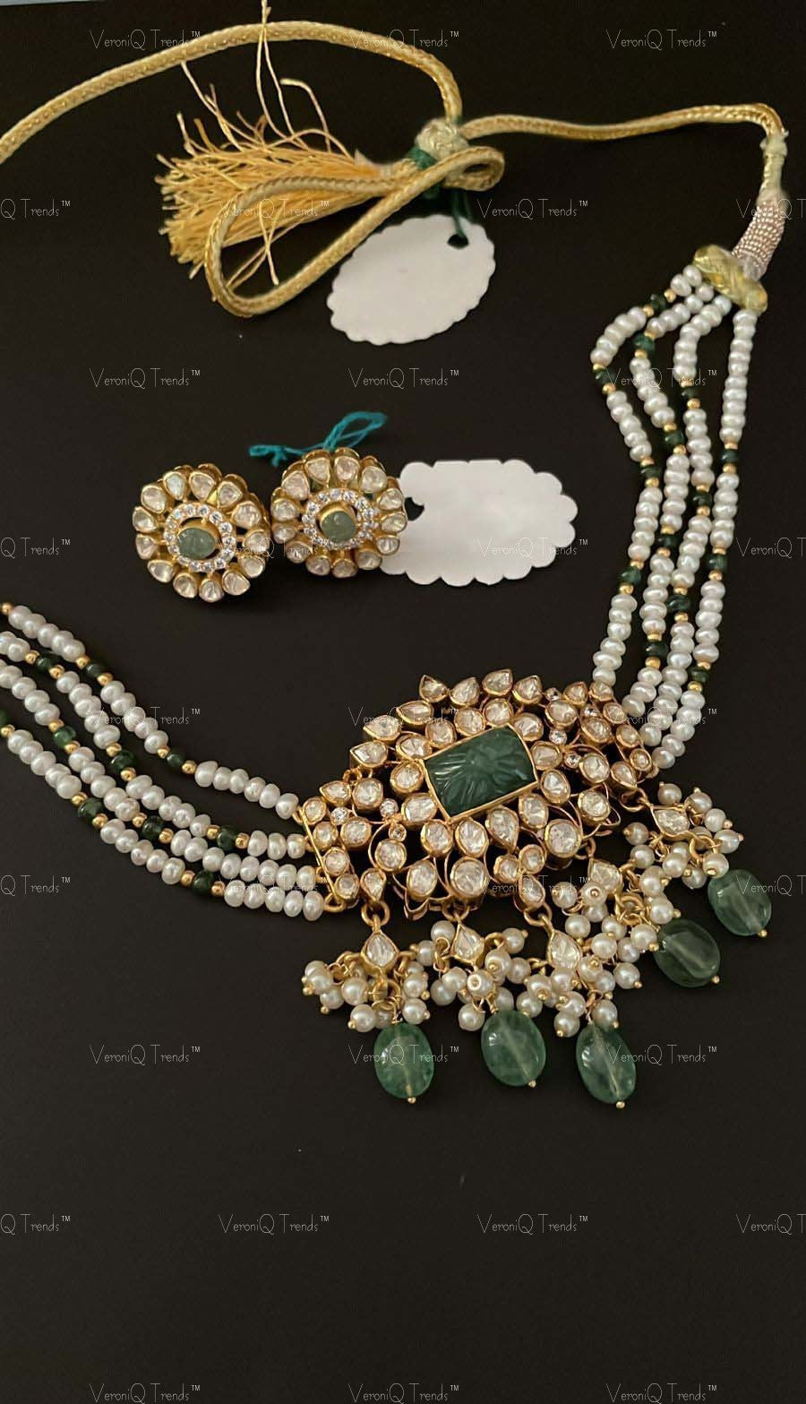 VeroniQ Trends-Victorian Multistrand Pearl Beaded Emerald And Polki Silver Choker Necklace 92.5 Silver Moissanite Diamond Polki-Emerald Stone-Gold Plated-Wedding Jewellery-Punjabi Jewellery-South Indian-Thappa Jewellery