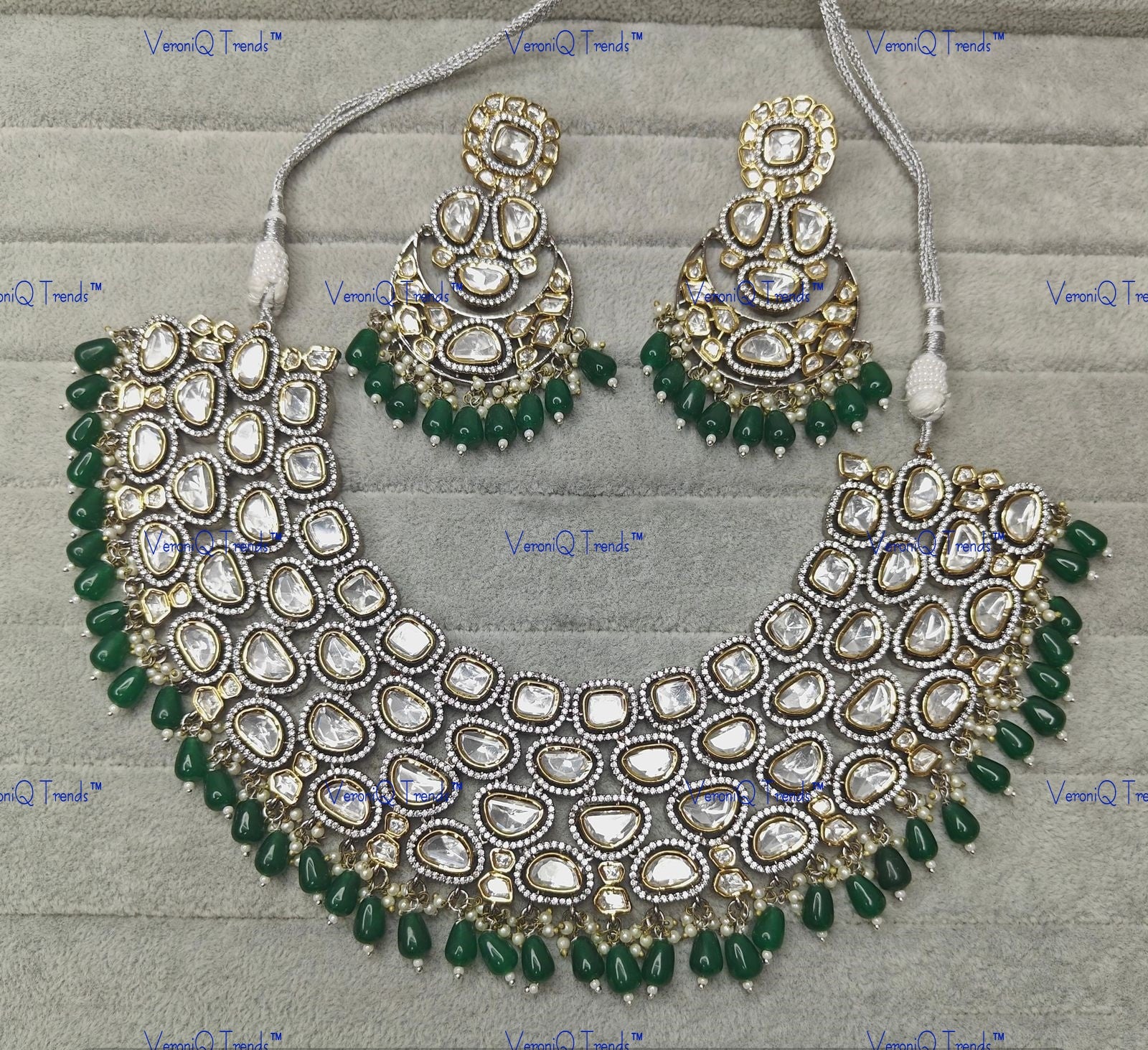 VeroniQ Trends-Gold Plated Heavy Polki And Emerald Green Beads Choker Necklace Polki-Gold Plated-Wedding Jewellery-Punjabi Jewellery-South Indian-Thappa Jewellery