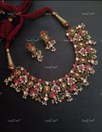 VeroniQ Trends-South Indian Long Sliver Kundan and Kemp Stone Necklace-92.5 Sliver-Gold Plated-Wedding Jewelry-Punjabi Jewelry-South Indian-Thappa Jewelry