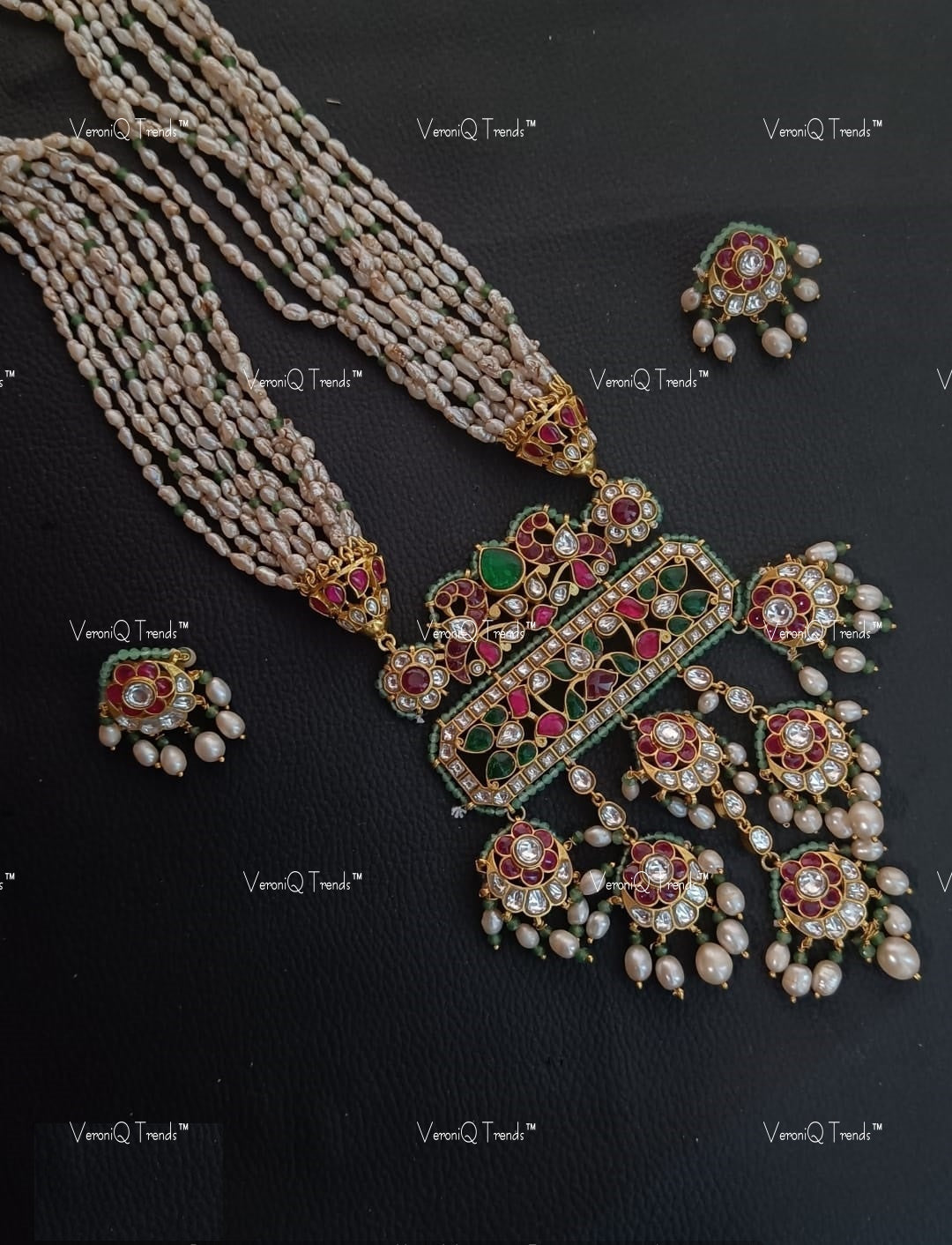 VeroniQ Trends-South Indian Long Sliver Kundan and Kemp Stone Pendant Necklace 92.5Sliver-Gold Plated-Wedding Jewellery-Punjabi Jewellery-South Indian-Thappa Jewellery