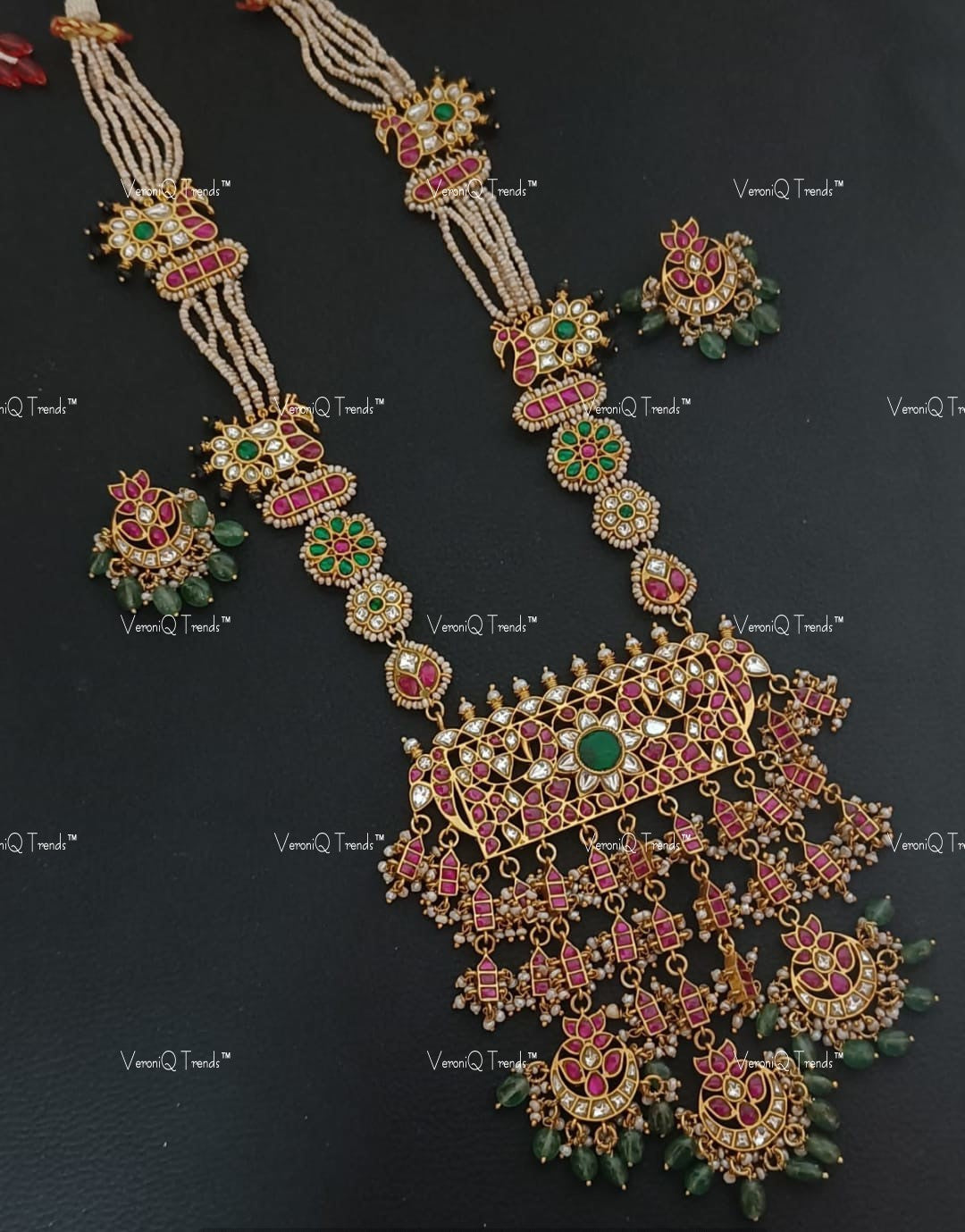 VeroniQ Trends-South Indian Long Kemp Stone and Sliver Kundan Necklace-92.5 Sliver-Gold Plated-Wedding Jewellery-Punjabi Jewellery-South Indian-Thappa Jewellery