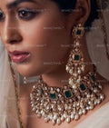 VeroniQ Trends-Victorian Emerald Pearl And Polki Choker Necklace Polki-Gold Plated-Wedding Jewellery-Punjabi Jewellery-South Indian-Thappa Jewellery