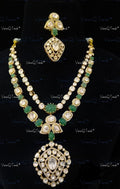VeroniQ Trends-Victorian Double Line Emerald Ruby And Polki Silver Necklace 92.5 Silver Moissanite Diamond Polki-Gold Plated-Wedding Jewellery-Punjabi Jewellery-South Indian-Thappa Jewellery