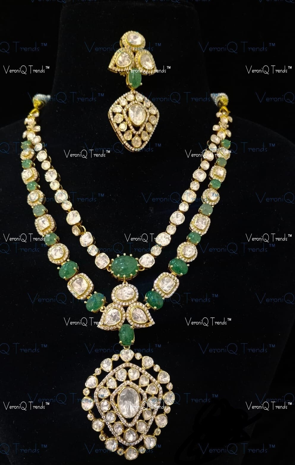 VeroniQ Trends-Victorian Double Line Emerald Ruby And Polki Silver Necklace 92.5 Silver Moissanite Diamond Polki-Gold Plated-Wedding Jewellery-Punjabi Jewellery-South Indian-Thappa Jewellery