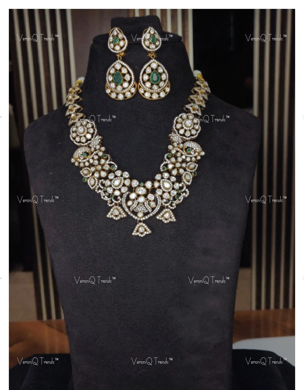 VeroniQ Trends-Victorian Bridal Necklace 92.5 Silver Moissanite Diamond Polki-Emerald Stone-Gold Plated-Wedding Jewellery-South Indian-Thappa Jewellery