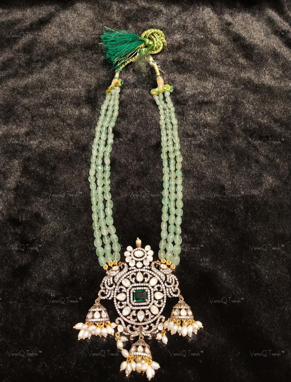 VeroniQ Trends-Victorian Multistrand Beaded Emerald And Polki Silver Necklace With Peacock Motif 92.5 Silver Moissanite Diamond Polki-Emerald Stone-Gold Plated-Wedding Jewellery-Punjabi Jewellery-South Indian-Thappa Jewellery