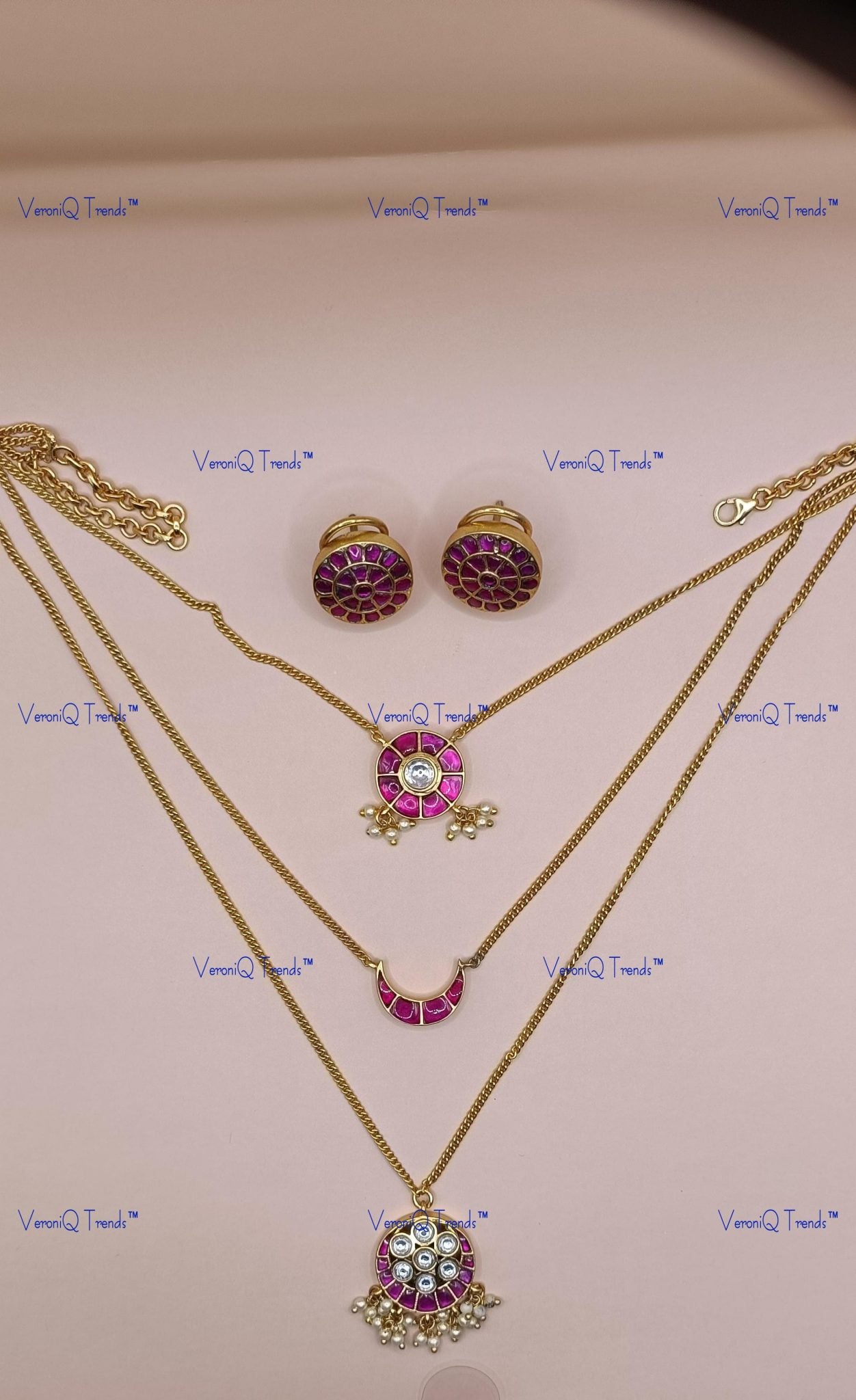 VeroniQ Trends-Elegant Gold Plated Chain Necklace with Moon Pendant Sliver Kundan and Kemp Stone-Gold Plated-Wedding Jewellery-Punjabi Jewellery-South Indian-Thappa Jewellery