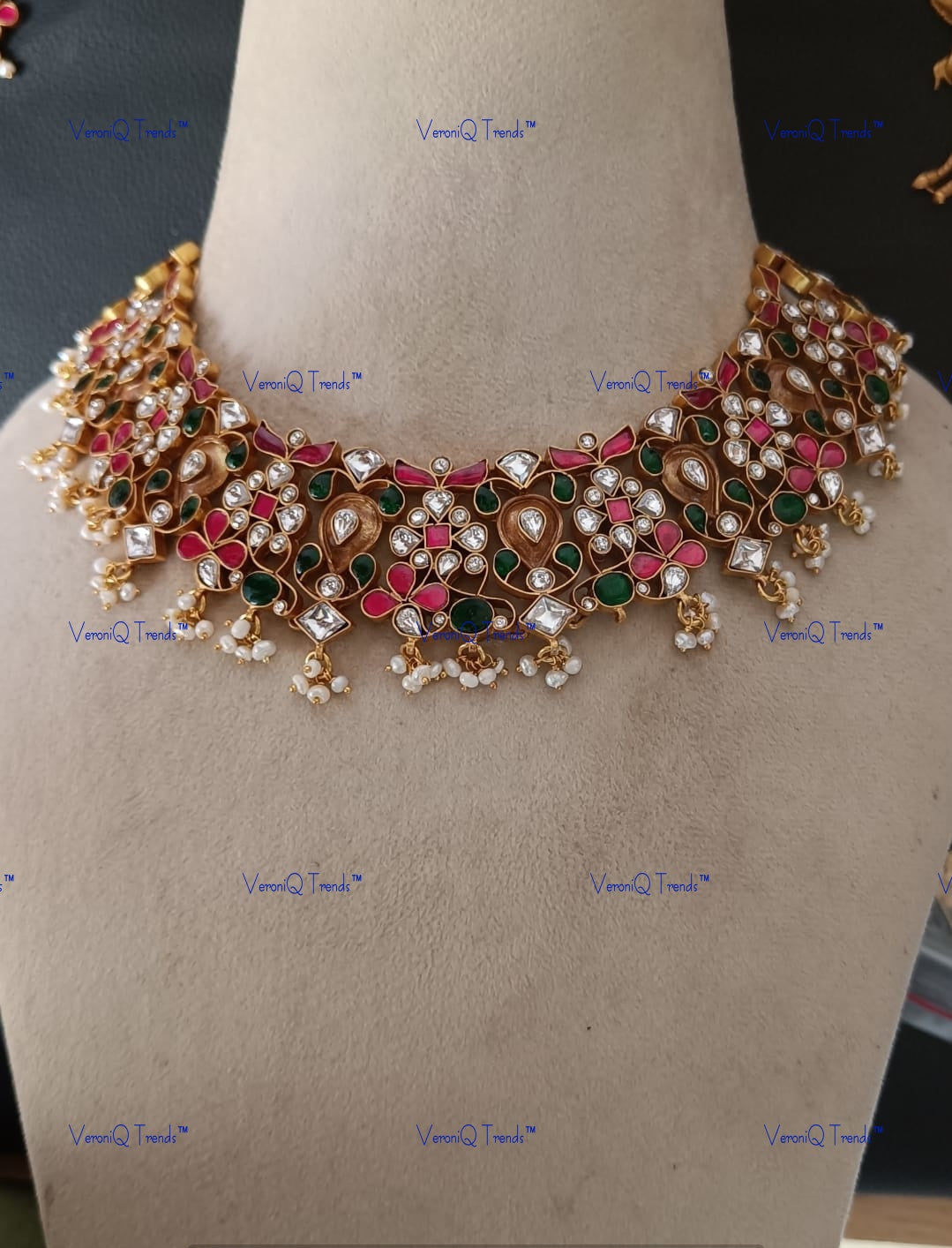 VeroniQ Trends-South Indian Long Sliver Kundan and Kemp Stone Necklace-92.5 Sliver-Gold Plated-Wedding Jewellery-Punjabi Jewellery-South Indian-Thappa Jewellery