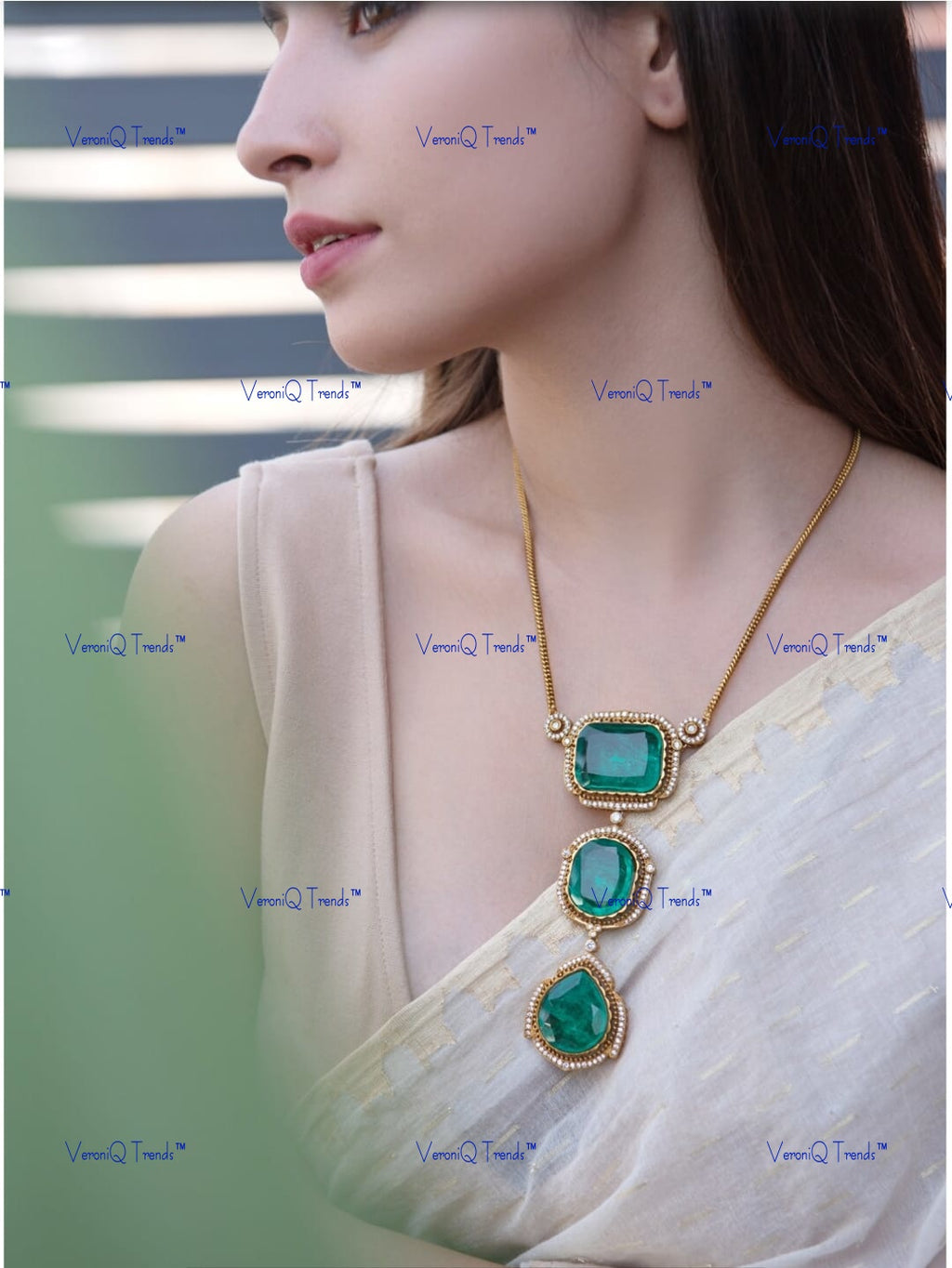 VeroniQ Trends-Cocktail Party Polki And Emerald Pendant Long Necklace Polki-Gold Plated-Wedding Jewellery-Punjabi Jewellery-South Indian-Thappa Jewellery