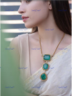 VeroniQ Trends-Cocktail Party Polki And Emerald Pendant Long Necklace Polki-Gold Plated-Wedding Jewelry-Punjabi Jewelry-South Indian-Thappa Jewelry