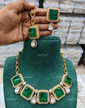VeroniQ Trends-Emerald Green And Zircon Stone Polki Princess Necklace Set Polki-Emerald Stone-Gold Plated-Wedding Jewellery-Punjabi Jewellery-South Indian-Thappa Jewellery