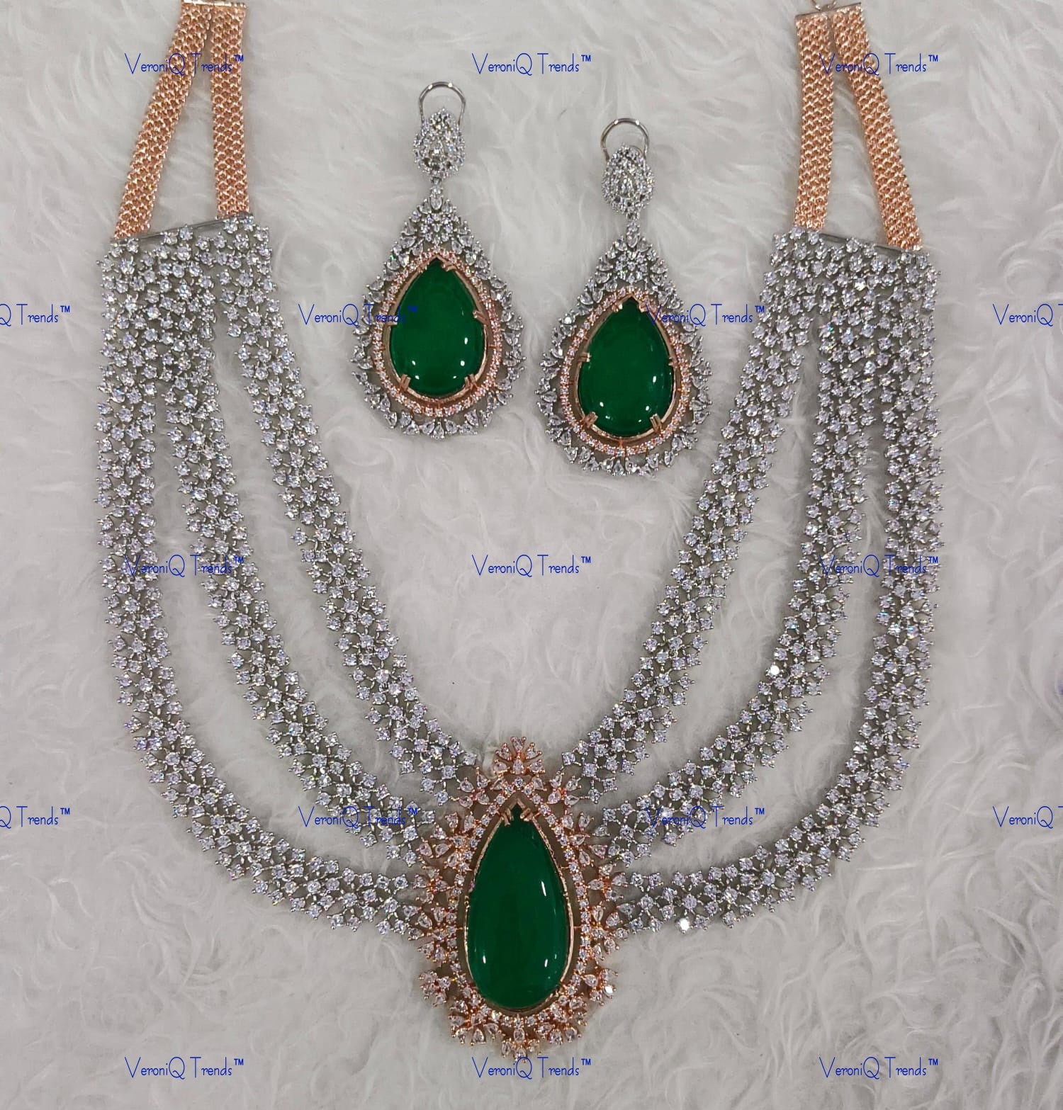 VeroniQ Trends-Bridal Multi Layer Polki And Emerald Long Necklace Polki-Emerald Stone-Gold Plated-Wedding Jewellery-Punjabi Jewellery-South Indian-Thappa Jewellery