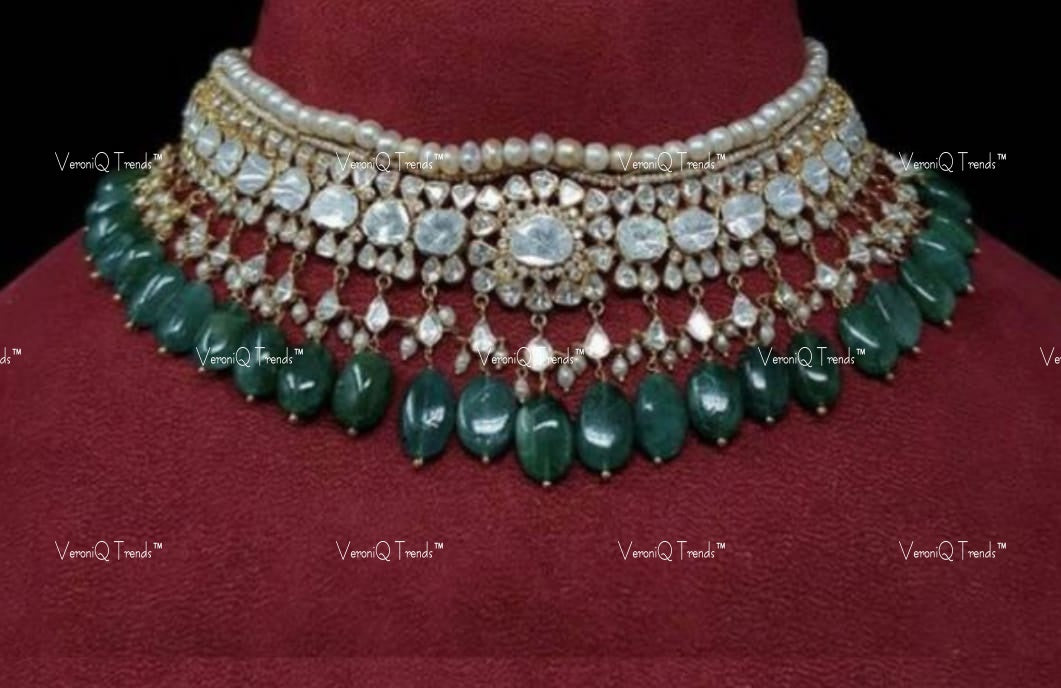 VeroniQ Trends-Diamond Look Polki And Emerald Beads Choker Silver Necklace 92.5 Silver Moissanite Diamond Polki-Gold Plated-Wedding Jewellery-Punjabi Jewellery-South Indian-Thappa Jewellery