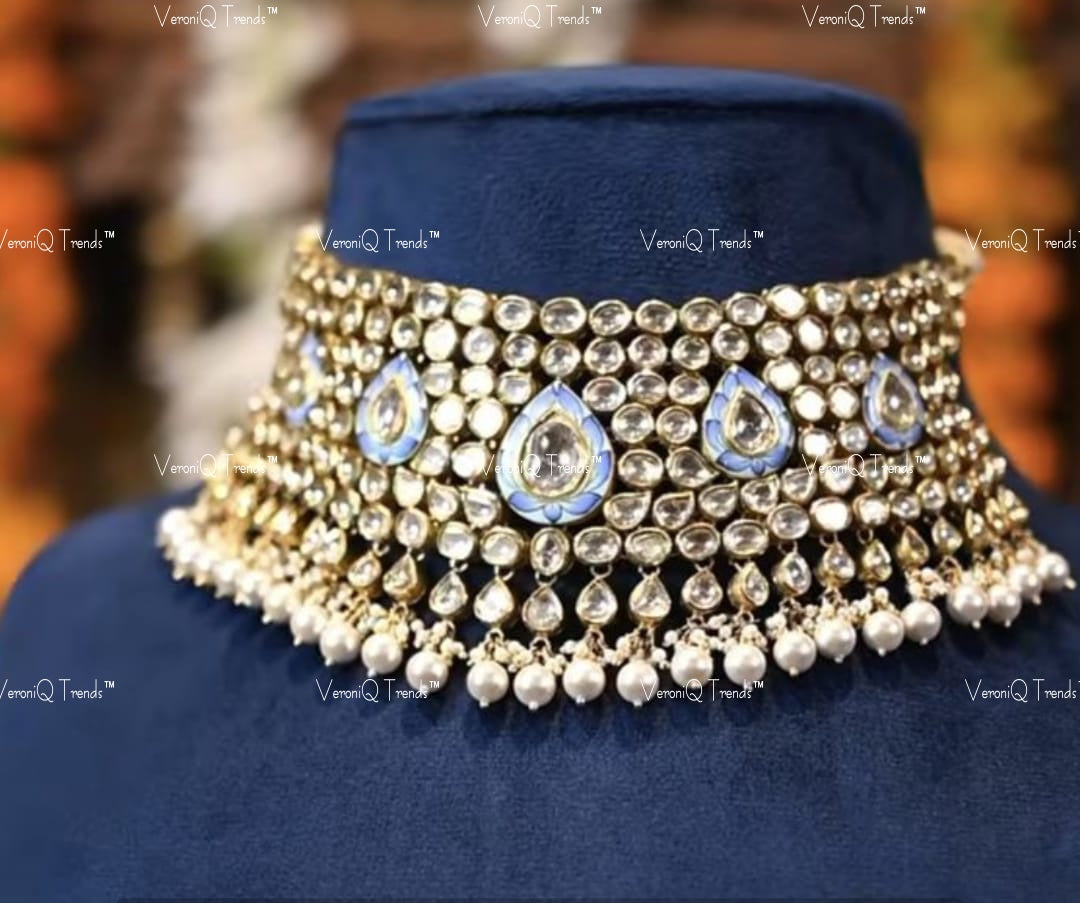 VeroniQ Trends-Elegant Meenakari Polki And Pearl Choker Necklace Polki-Gold Plated-Wedding Jewellery-Punjabi Jewellery-South Indian-Thappa Jewellery