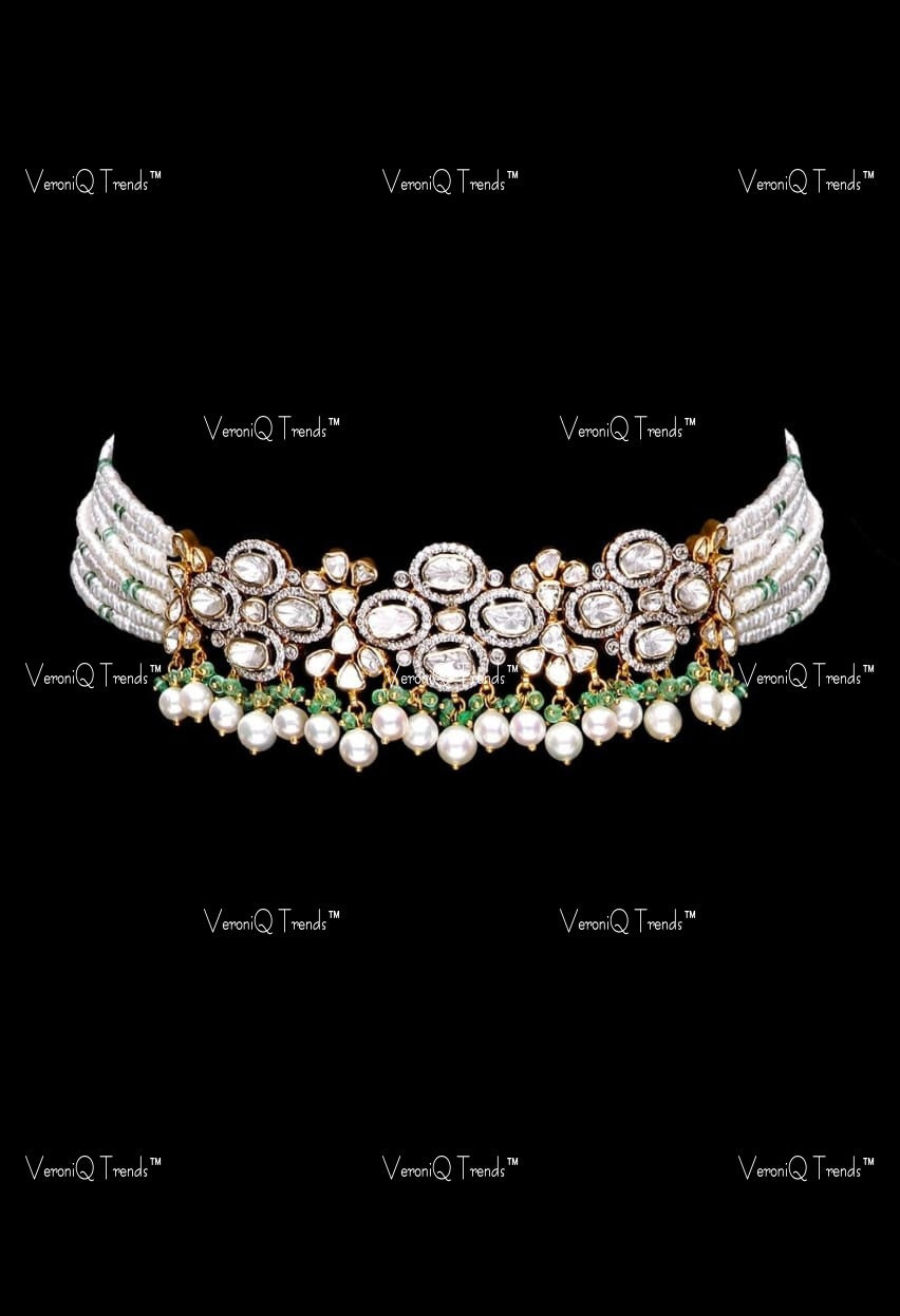 VeroniQ Trends-Multistrand Polki And Pearl Choker Silver Necklace 92.5 Silver Moissanite Diamond Polki-Gold Plated-Wedding Jewellery-Punjabi Jewellery-South Indian-Thappa Jewellery