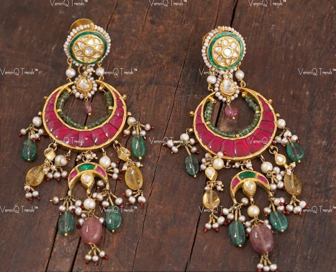 VeroniQ Trends-Traditional Kemp Stone Pachi Kundan Chandbali Earrings Pachi Kundan-Gold Plated-Wedding Jewellery-Punjabi Jewellery-South Indian-Thappa Jewellery