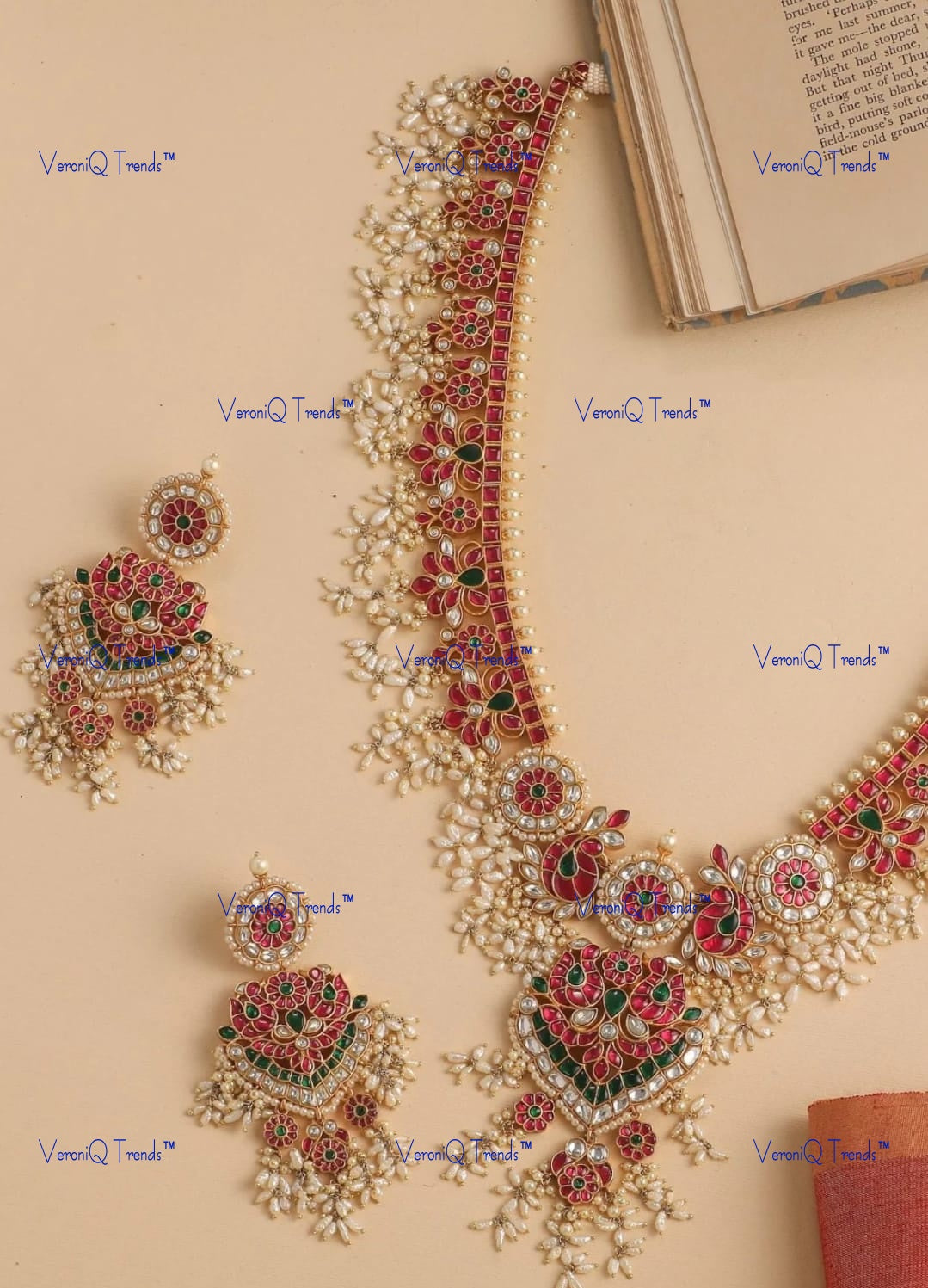 VeroniQ Trends-South Indian Peacock Design Kemp Stone Pachi Kundan Long Necklace Pachi Kundan-Gold Plated-Wedding Jewellery-Punjabi Jewellery-South Indian-Thappa Jewellery