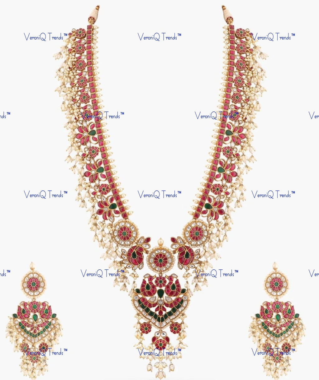 VeroniQ Trends-South Indian Peacock Design Kemp Stone Pachi Kundan Long Necklace Pachi Kundan-Gold Plated-Wedding Jewellery-Punjabi Jewellery-South Indian-Thappa Jewellery