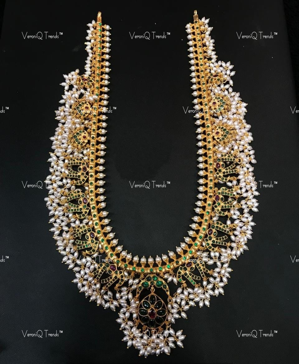 VeroniQ Trends-South Indian Elephant Design Guttupusulu Silver Kundan Long Necklace Silver Kundan-Gold Plated-Wedding Jewellery-Punjabi Jewellery-South Indian-Thappa Jewellery